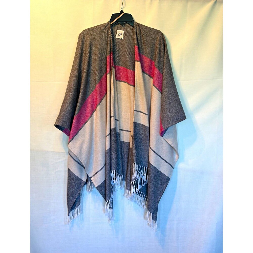 GAP Women's Striped Shawl/Wrap Gray Pink Beige Fringe Accents